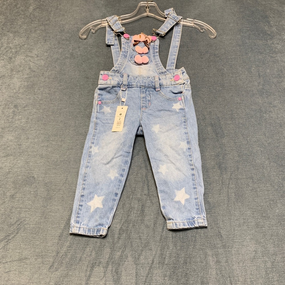 MARC BABY Dungarees Girls 2 Blue Denim Star Printed Light Wash Adjustable Straps